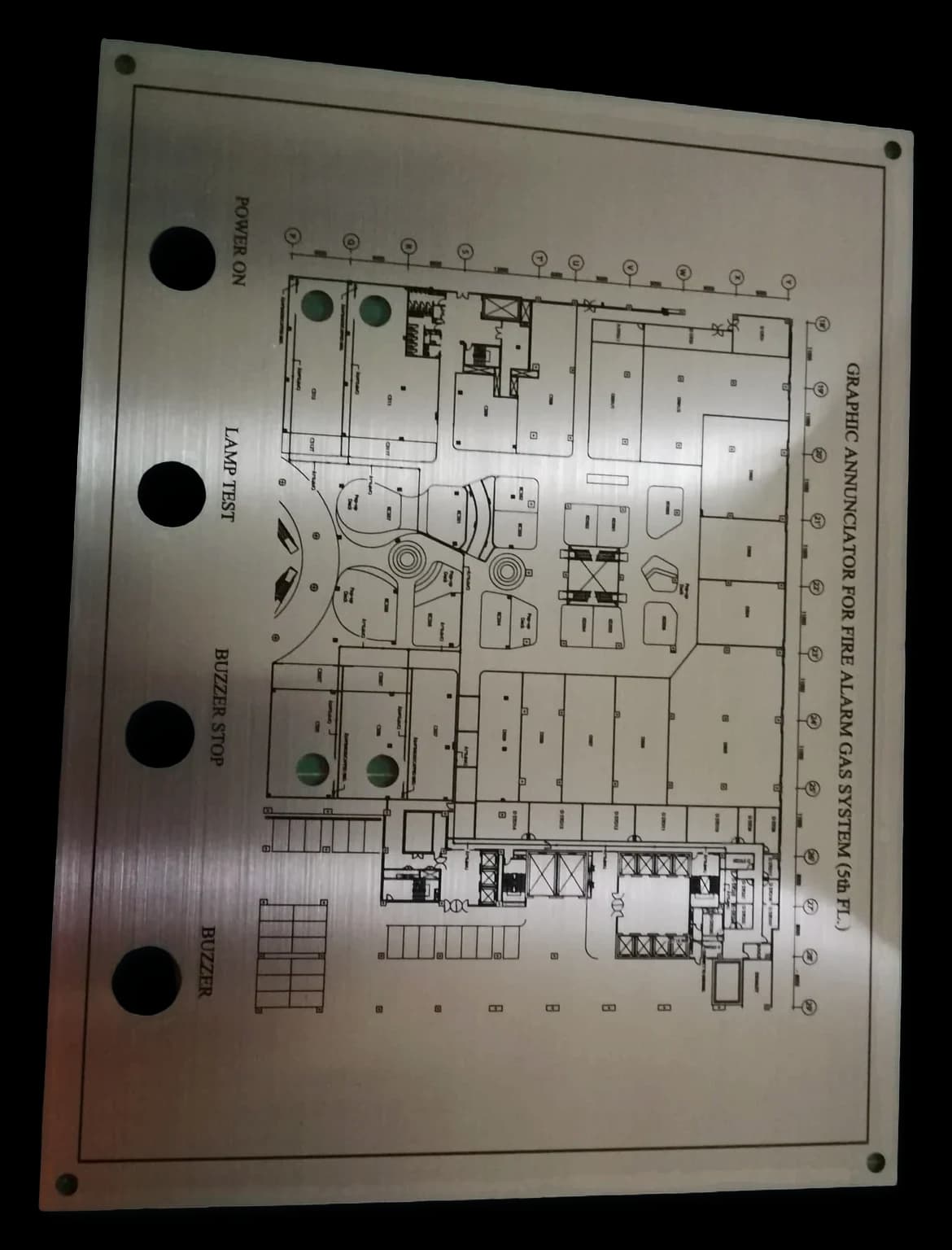 Mimic Board ผังอาคาร พร้อมช่องไฟและปุ่มควบคุม — สแตนเลส · กัดกรด